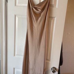 Chic Strapless Satin Dress in Tan